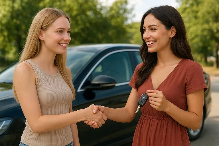 Autokaufvertrag online: Käufer und Verkäufer geben sich vor dem Auto die Hand