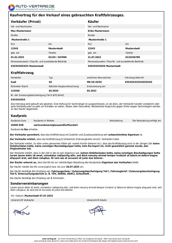Autokaufvertrag Muster kostenlos als PDF-Vorlage für privaten Gebrauchtwagenverkauf