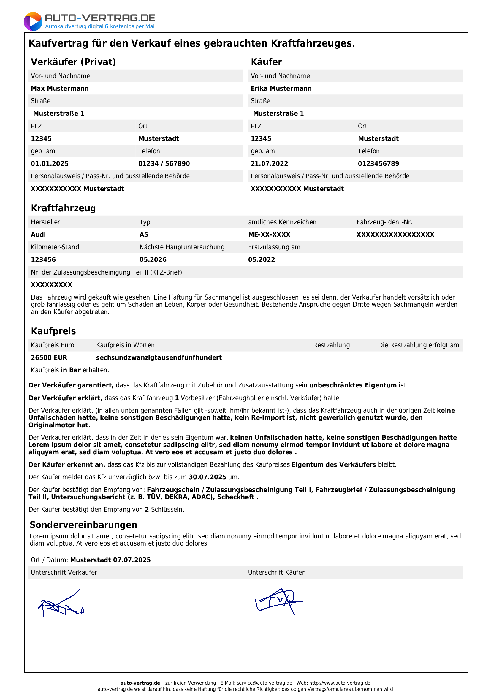 Muster Autokaufvertrag für privaten Autoverkauf als Bild